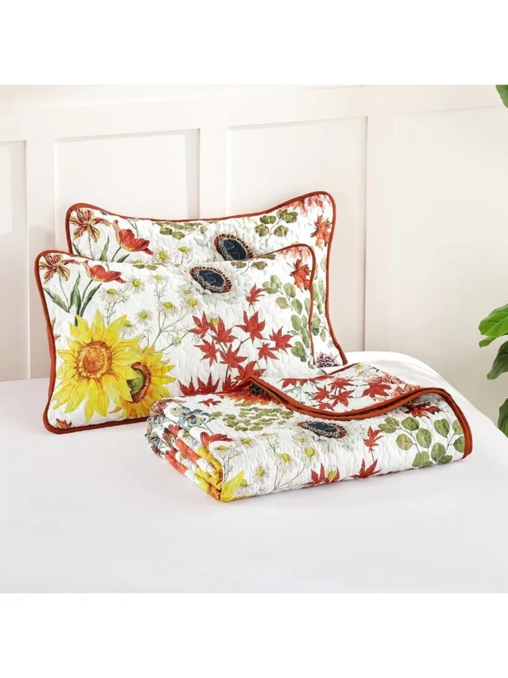 Queen Size Fall Floral Quilt Set - Orange Red Sunflower Bedding for Cozy Decor